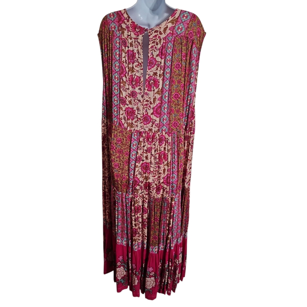 Free People Womens L Maxi Dress Pink Floral Patchwork Lace Up Tiered Boho - Picture 3 of 8